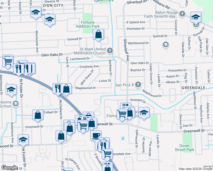 map of restaurants, bars, coffee shops, grocery stores, and more near 6250 Maplewood Drive in Baton Rouge