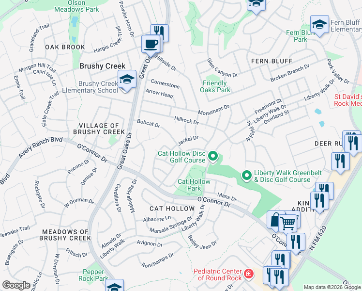 map of restaurants, bars, coffee shops, grocery stores, and more near 8507 Jackal Drive in Round Rock