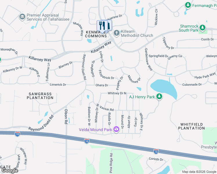 map of restaurants, bars, coffee shops, grocery stores, and more near 2716 Whitney Drive North in Tallahassee
