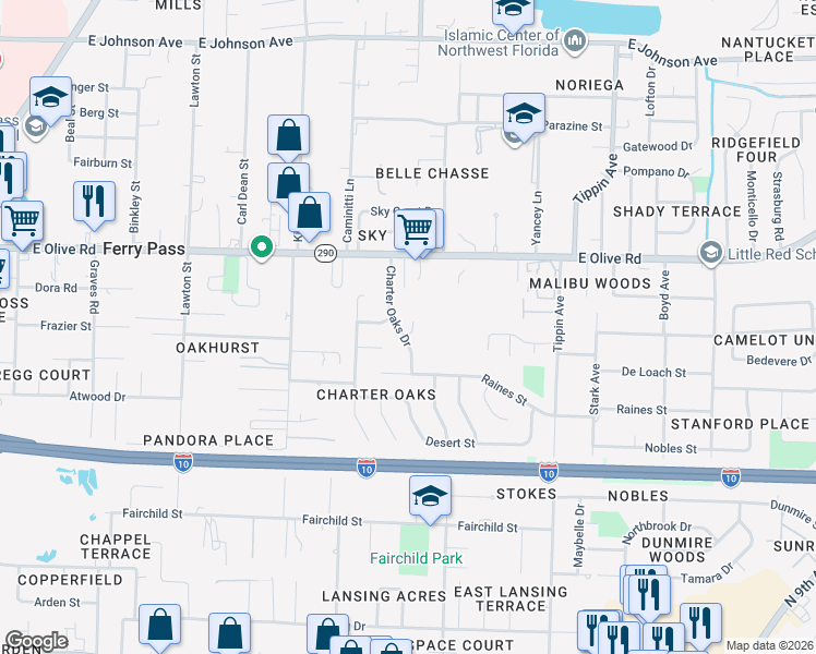 map of restaurants, bars, coffee shops, grocery stores, and more near 7803 Charter Oaks Drive in Pensacola