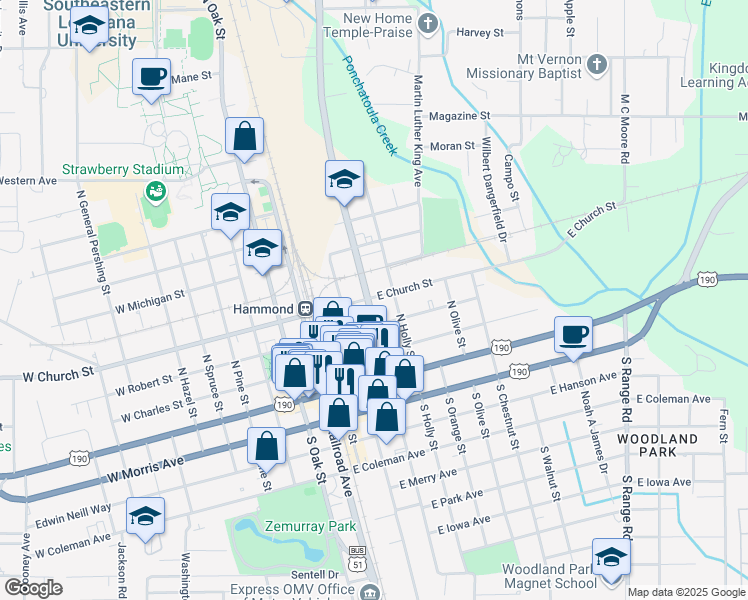 map of restaurants, bars, coffee shops, grocery stores, and more near 306 North Cherry Street in Hammond