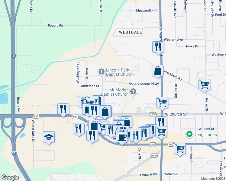 map of restaurants, bars, coffee shops, grocery stores, and more near 2613 Aleata Drive in Hammond