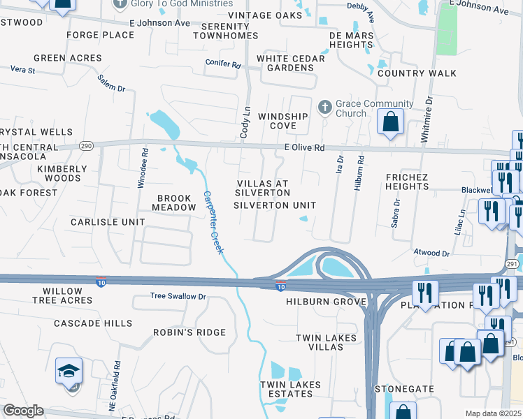 map of restaurants, bars, coffee shops, grocery stores, and more near 7934 Stonebrook Drive in Pensacola