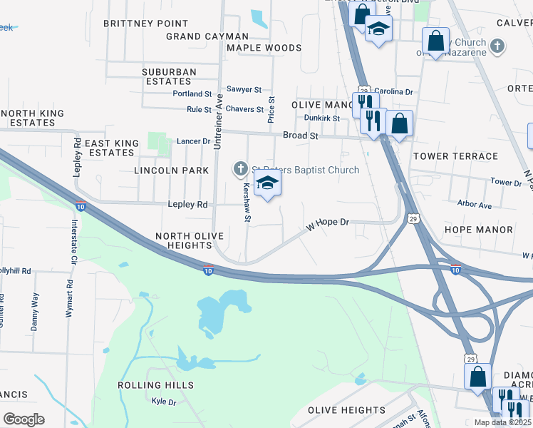 map of restaurants, bars, coffee shops, grocery stores, and more near 7600 Kershaw Street in Pensacola