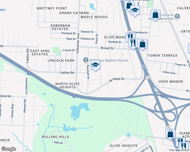 map of restaurants, bars, coffee shops, grocery stores, and more near 7600 Kershaw Street in Pensacola