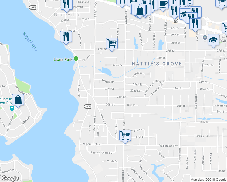 map of restaurants, bars, coffee shops, grocery stores, and more near 204 22nd Street in Niceville