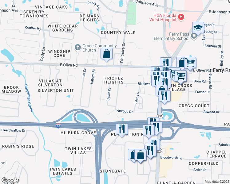 map of restaurants, bars, coffee shops, grocery stores, and more near 7835 Whitmire Drive in Pensacola