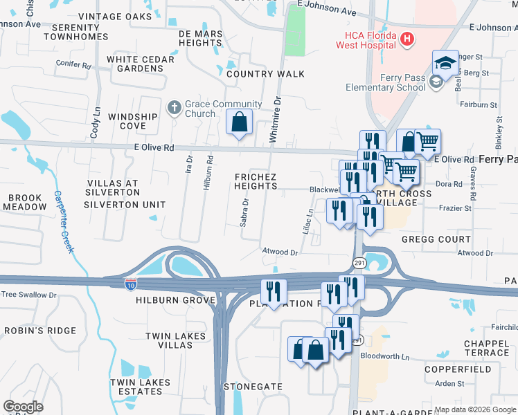 map of restaurants, bars, coffee shops, grocery stores, and more near 7835 Whitmire Drive in Pensacola