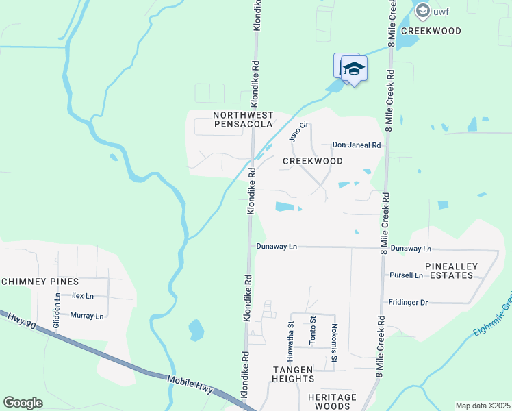 map of restaurants, bars, coffee shops, grocery stores, and more near 7514 Klondike Road in Pensacola