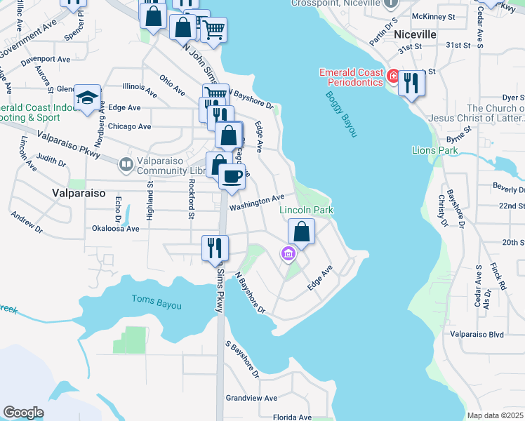 map of restaurants, bars, coffee shops, grocery stores, and more near 272 Okaloosa Avenue in Valparaiso