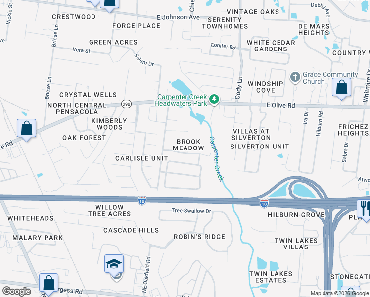 map of restaurants, bars, coffee shops, grocery stores, and more near 729 Brook Meadow Lane in Pensacola