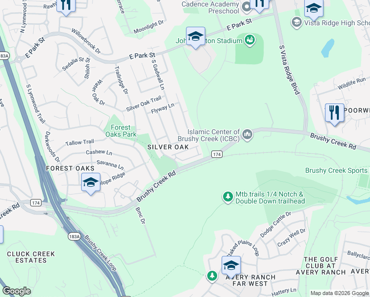 map of restaurants, bars, coffee shops, grocery stores, and more near 700 Mandarin Flyway in Cedar Park