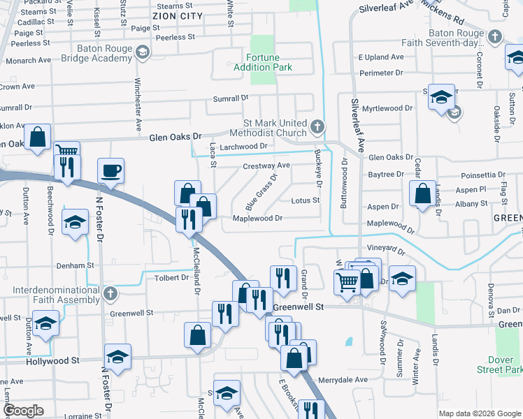 map of restaurants, bars, coffee shops, grocery stores, and more near 6010 Maplewood Drive in Baton Rouge