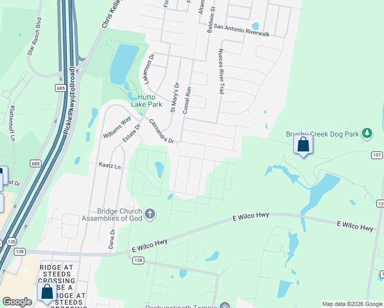 map of restaurants, bars, coffee shops, grocery stores, and more near 216 Cassandra Drive in Hutto