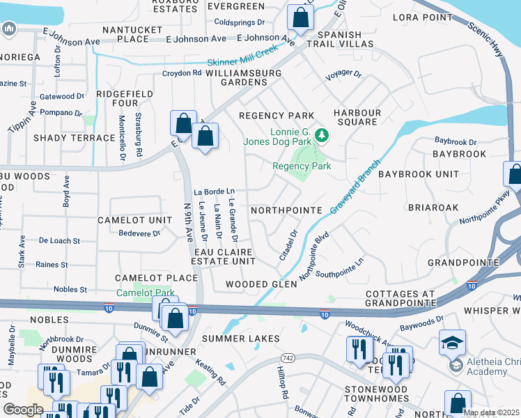 map of restaurants, bars, coffee shops, grocery stores, and more near 7824 Woodpointe Drive in Pensacola