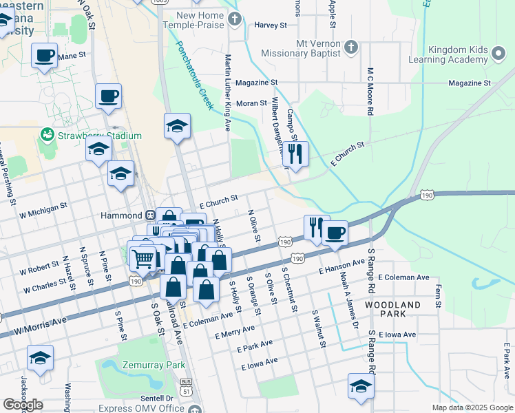 map of restaurants, bars, coffee shops, grocery stores, and more near 510 East Robert Street in Hammond
