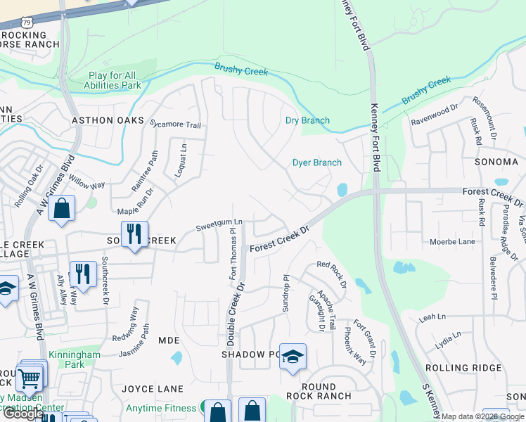 map of restaurants, bars, coffee shops, grocery stores, and more near 504 Woodsorel Way in Round Rock