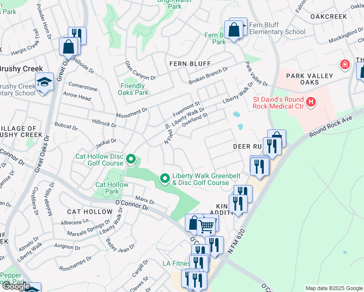 map of restaurants, bars, coffee shops, grocery stores, and more near 8121 Campeche Bay Place in Round Rock