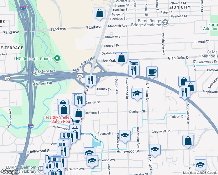 map of restaurants, bars, coffee shops, grocery stores, and more near 4349 Dawson Drive in Baton Rouge