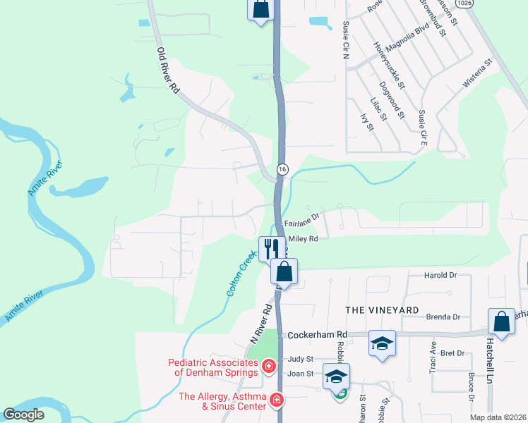 map of restaurants, bars, coffee shops, grocery stores, and more near 7978 Pine Bluff Road in Denham Springs