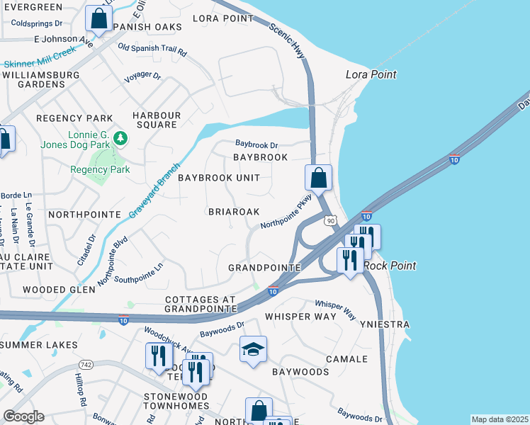 map of restaurants, bars, coffee shops, grocery stores, and more near 7910 Briaroak Drive in Pensacola