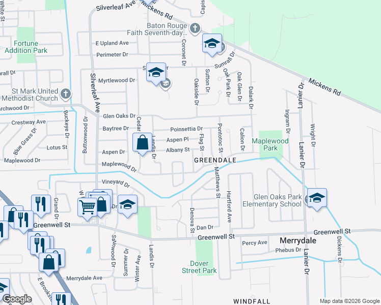 map of restaurants, bars, coffee shops, grocery stores, and more near 6085 Shiloh Street in Baton Rouge