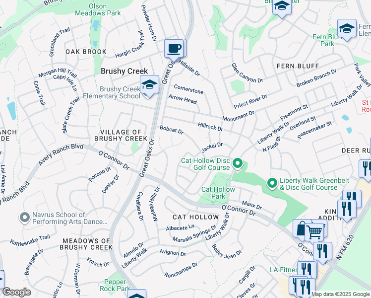 map of restaurants, bars, coffee shops, grocery stores, and more near 16902 Tomcat Drive in Round Rock
