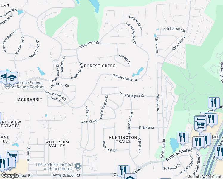 map of restaurants, bars, coffee shops, grocery stores, and more near 3809 Spyglass Cove in Round Rock