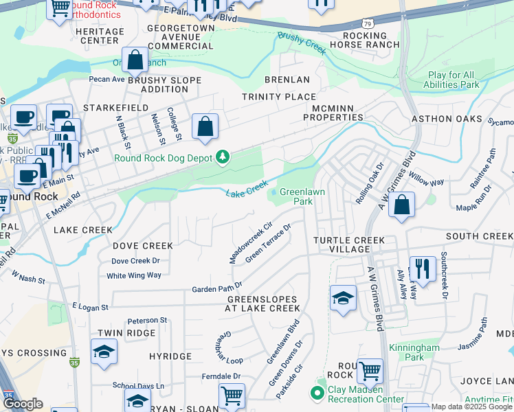 map of restaurants, bars, coffee shops, grocery stores, and more near 1208 Springridge Street in Round Rock
