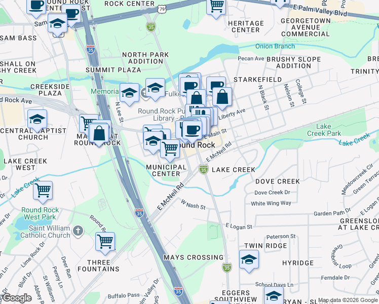 map of restaurants, bars, coffee shops, grocery stores, and more near in Round Rock