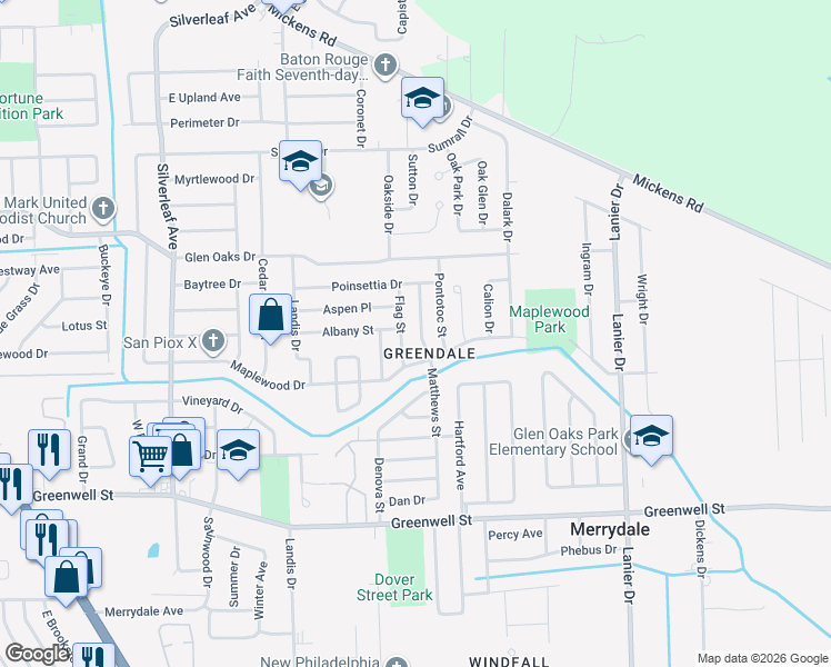 map of restaurants, bars, coffee shops, grocery stores, and more near 6233 Matthews Street in Baton Rouge