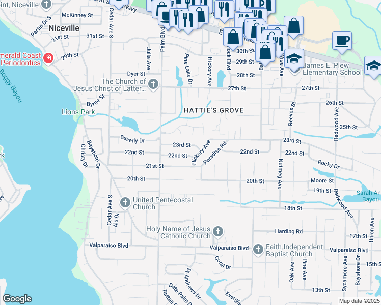 map of restaurants, bars, coffee shops, grocery stores, and more near 315 23rd Street in Niceville
