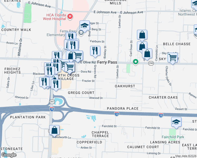 map of restaurants, bars, coffee shops, grocery stores, and more near 7985 Graves Road in Pensacola