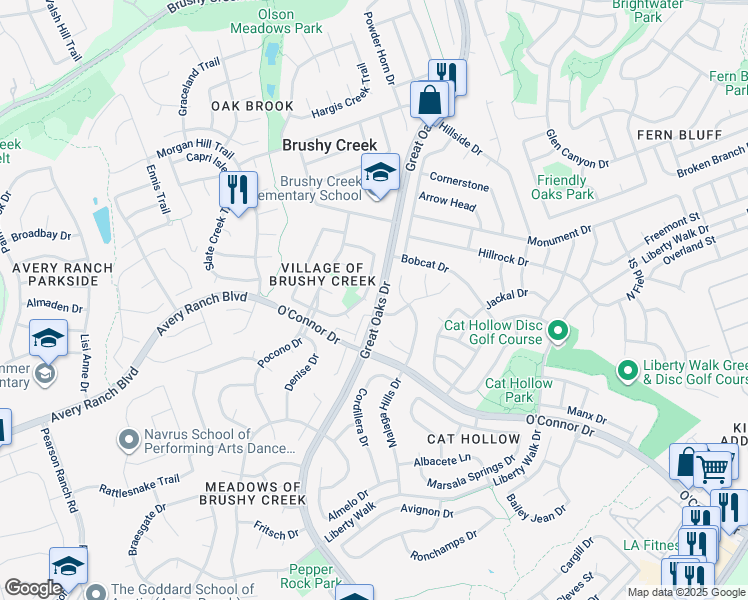 map of restaurants, bars, coffee shops, grocery stores, and more near 16812 Whitebrush Loop in Austin