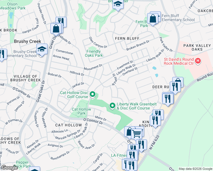 map of restaurants, bars, coffee shops, grocery stores, and more near 106 North Field Street in Round Rock