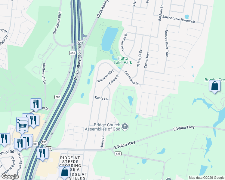 map of restaurants, bars, coffee shops, grocery stores, and more near 312 Dana Drive in Hutto