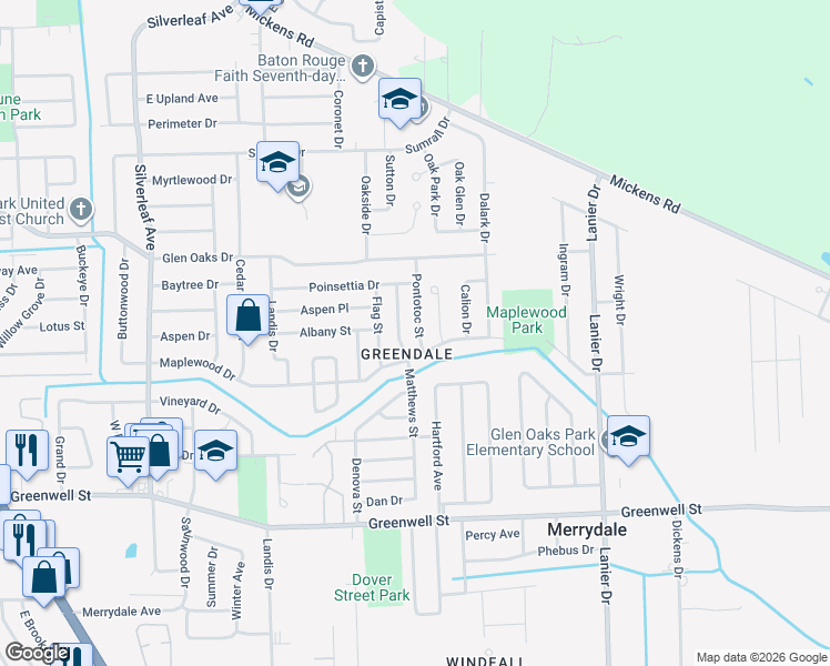 map of restaurants, bars, coffee shops, grocery stores, and more near 6223 East Glen Court in Baton Rouge