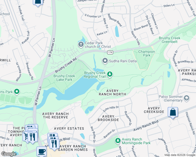 map of restaurants, bars, coffee shops, grocery stores, and more near Brushy Creek Regional Trail in Austin