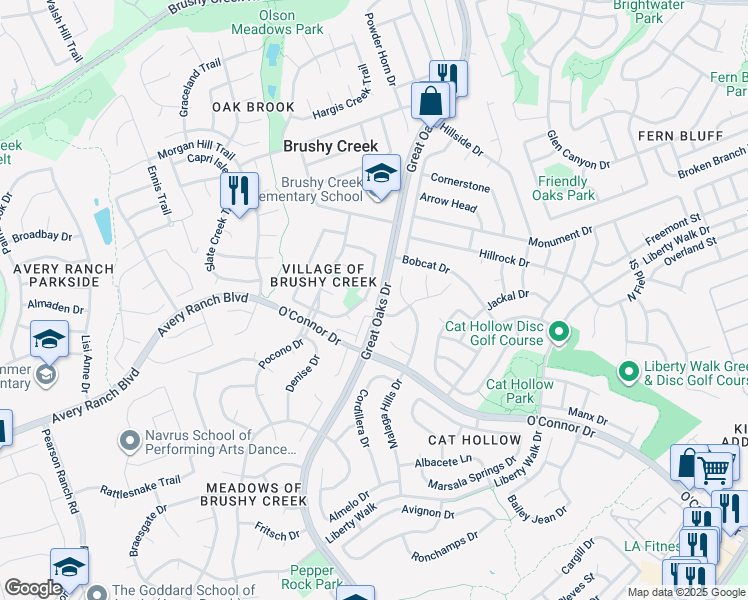 map of restaurants, bars, coffee shops, grocery stores, and more near 16812 Whitebrush Loop in Austin
