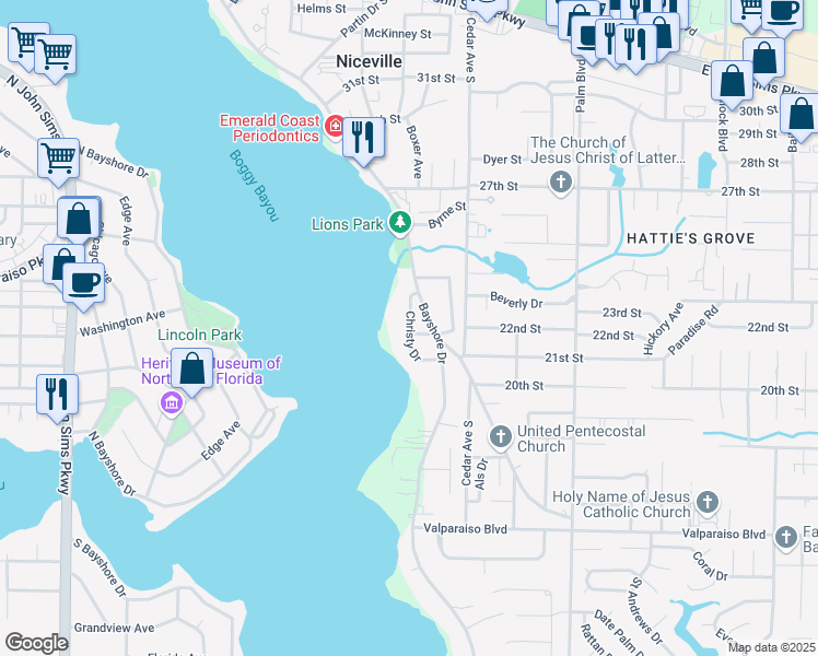 map of restaurants, bars, coffee shops, grocery stores, and more near 1022 Christy Drive in Niceville