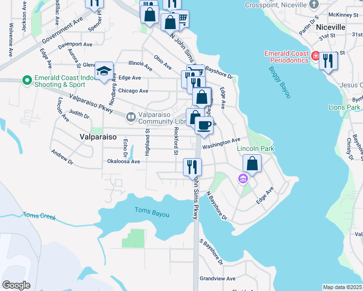 map of restaurants, bars, coffee shops, grocery stores, and more near 317 Lincoln Avenue in Valparaiso