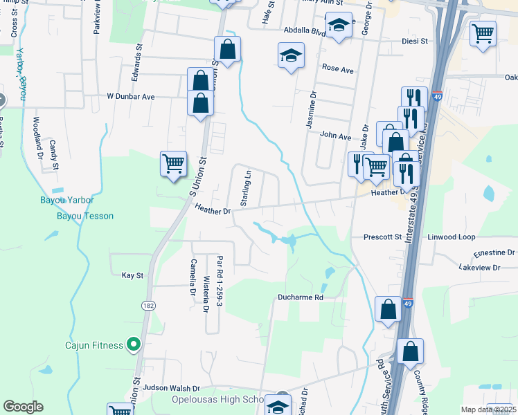 map of restaurants, bars, coffee shops, grocery stores, and more near 2499 Cinnamon Ln in Opelousas
