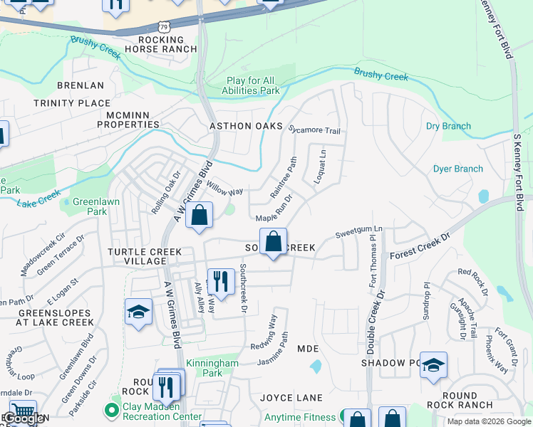 map of restaurants, bars, coffee shops, grocery stores, and more near 2200 Raintree Path in Round Rock