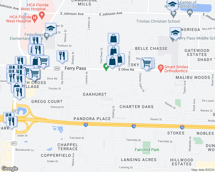 map of restaurants, bars, coffee shops, grocery stores, and more near 7901 Kipling Street in Pensacola