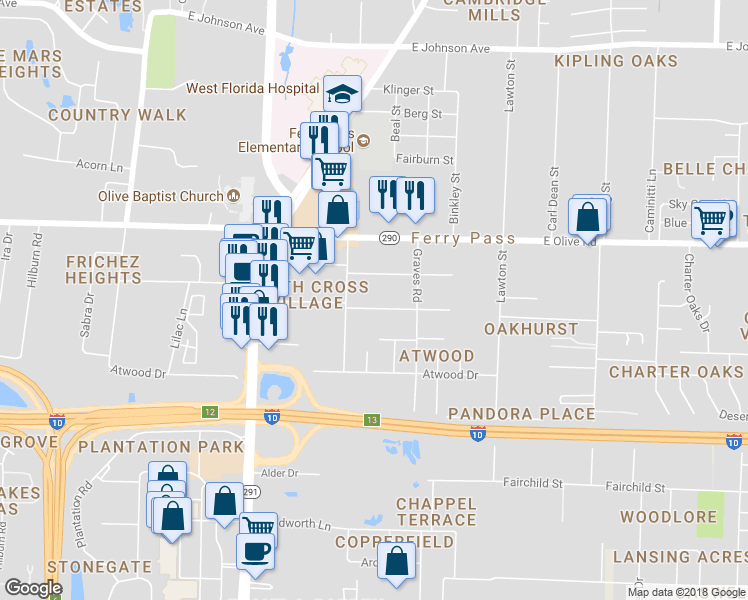 map of restaurants, bars, coffee shops, grocery stores, and more near 2170 Frazier Street in Pensacola