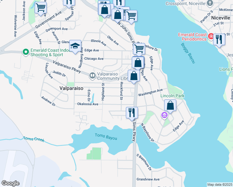 map of restaurants, bars, coffee shops, grocery stores, and more near 317 Lincoln Avenue in Valparaiso