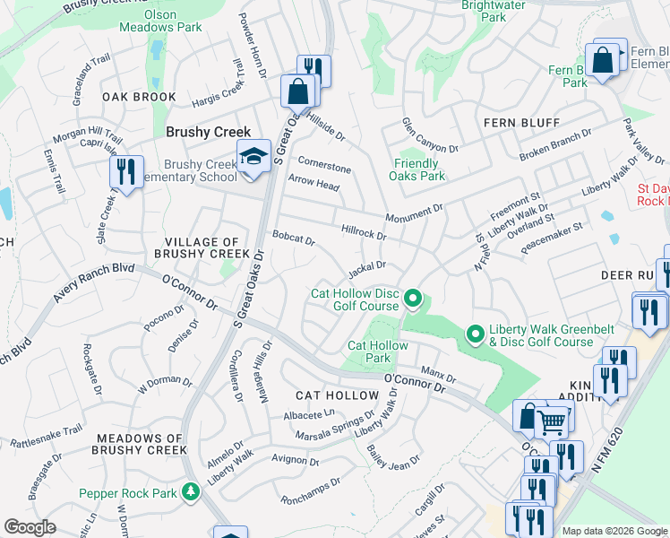 map of restaurants, bars, coffee shops, grocery stores, and more near 16935 Mouse Trap Drive in Round Rock