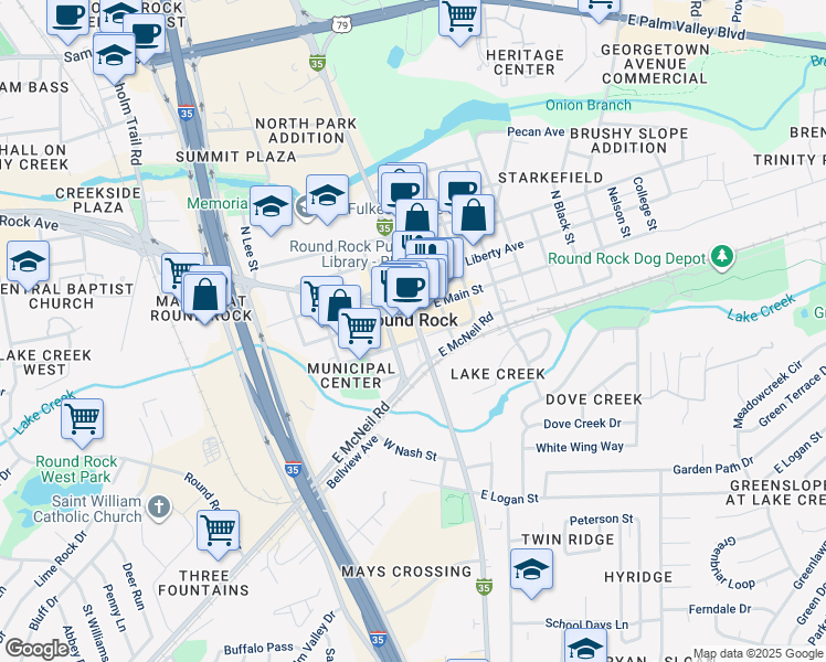 map of restaurants, bars, coffee shops, grocery stores, and more near 221 East Main Street in Round Rock