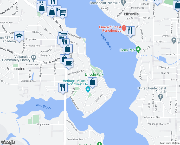 map of restaurants, bars, coffee shops, grocery stores, and more near 1227 North Bayshore Drive in Valparaiso