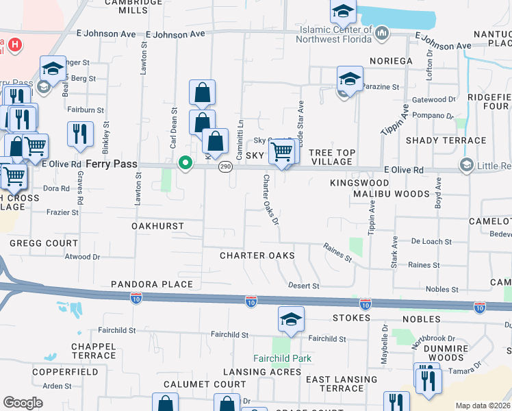 map of restaurants, bars, coffee shops, grocery stores, and more near 600 Desert Oak Drive in Pensacola